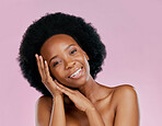 Face, skincare and happy black woman touch in studio isolated on a pink background. Portrait, natural cosmetics and smile of African model with spa facial treatment for wellness, aesthetic and beauty