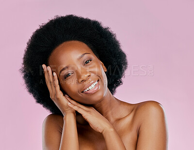 Buy stock photo Face, skincare and happy black woman touch in studio isolated on a pink background. Portrait, natural cosmetics and smile of African model with spa facial treatment for wellness, aesthetic and beauty