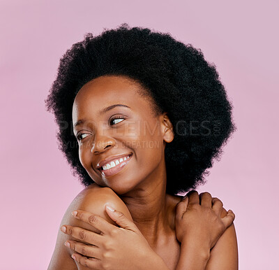Buy stock photo Afro, happy or black girl with smile thinking of dermatology, salon cosmetics or skincare in studio. Smile, vision or face of African model with beauty or self love isolated on a pink background 