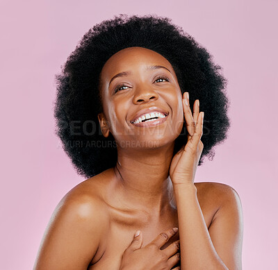 Buy stock photo Afro, beauty or black girl with smile thinking of dermatology, salon cosmetics or skincare in studio. Happy, vision or face of African model with hair care or self love isolated on a pink background 