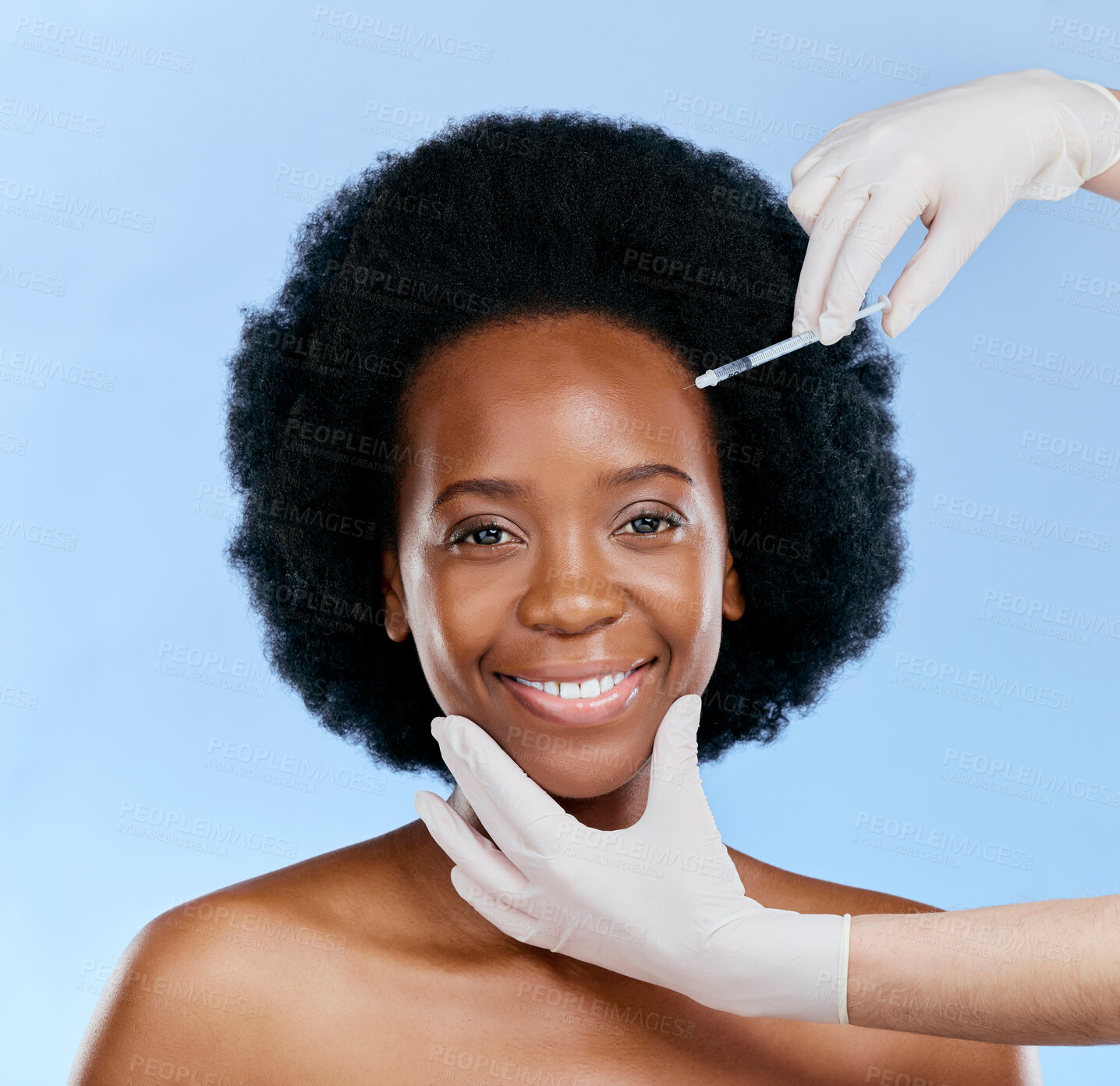 Buy stock photo Black woman, face injection and beauty with cosmetic procedure, fillers and dermatology on blue background. Liquid collagen, facial and skincare with hands, female model and smile in portrait