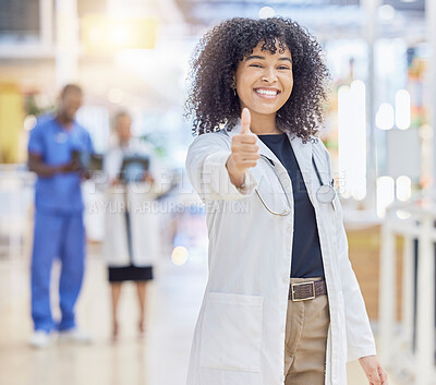Buy stock photo Thumbs up, portrait and doctor or woman in healthcare support, thank you or excellence for hospital services. Medical professional or african person like, yes and ok hand or emoji for clinic success