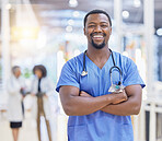 Portrait, nurse and black man with arms crossed, healthcare and happy in hospital. African doctor, face and confident surgeon, medical professional or worker with pride for career, job and wellness.