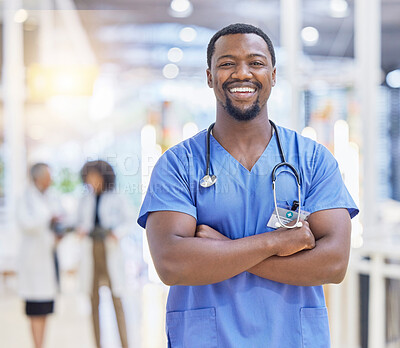 Buy stock photo Portrait, nurse and black man with arms crossed, healthcare and happy in hospital. African doctor, face and confident surgeon, medical professional or worker with pride for career, job and wellness.