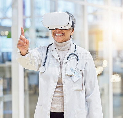 Buy stock photo VR, glasses and doctor or woman on medical software, metaverse and 3d hospital, futuristic or digital ux experience. Hand, press and healthcare worker or happy person, virtual reality or cyber vision