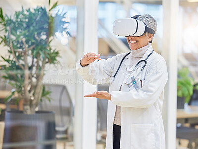 Buy stock photo VR, hands and doctor or woman on healthcare software, metaverse and 3d hospital, futuristic or digital ux experience. AR, presentation and medical worker or person, virtual reality glasses or vision