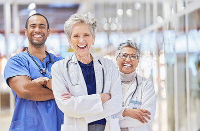 Buy stock photo Portrait, doctors and team arm crossed for healthcare service, leadership and success in hospital or clinic. Happy, laugh and face of professional medical woman, mentor and internship nurse in group