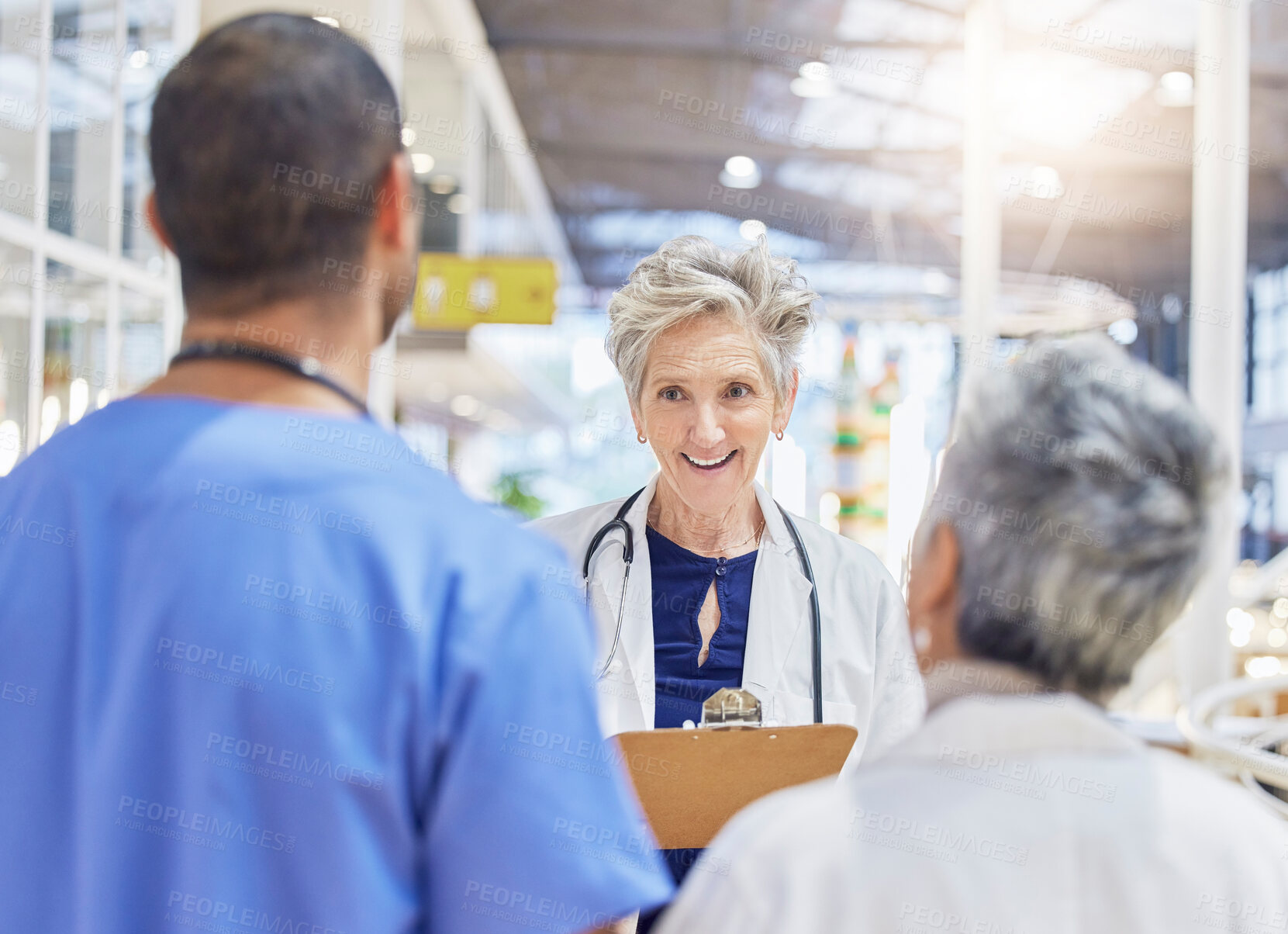 Buy stock photo Clipboard, doctors and nurses for team advice, support and schedule management, hospital questions and talking. Happy mentor, medical staff and people or woman with checklist for clinic compliance