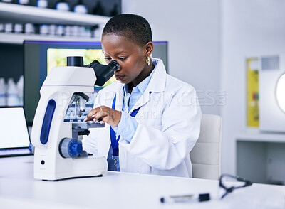 Buy stock photo Scientist, black woman and microscope, analysis and science study with medical research and biotechnology in lab. Female person, doctor and pathology, check test sample with scientific experiment