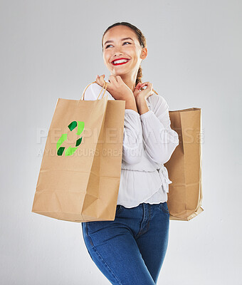 Buy stock photo Recycling logo, environment and woman with bag, sustainability with shopping isolated on white background. Environmental, retail and eco friendly, female person and carbon footprint in studio