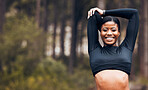 Stretching, fitness and portrait of black woman in nature for exercise, training and sports in forest. Mockup, mountain and happy female person stretch arms for warm up, cardio workout and wellness