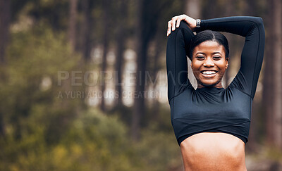 Woman, arm stretch and outdoor back view for warm up in exercise clothes  for running, wellness or f Stock Photo by YuriArcursPeopleimages