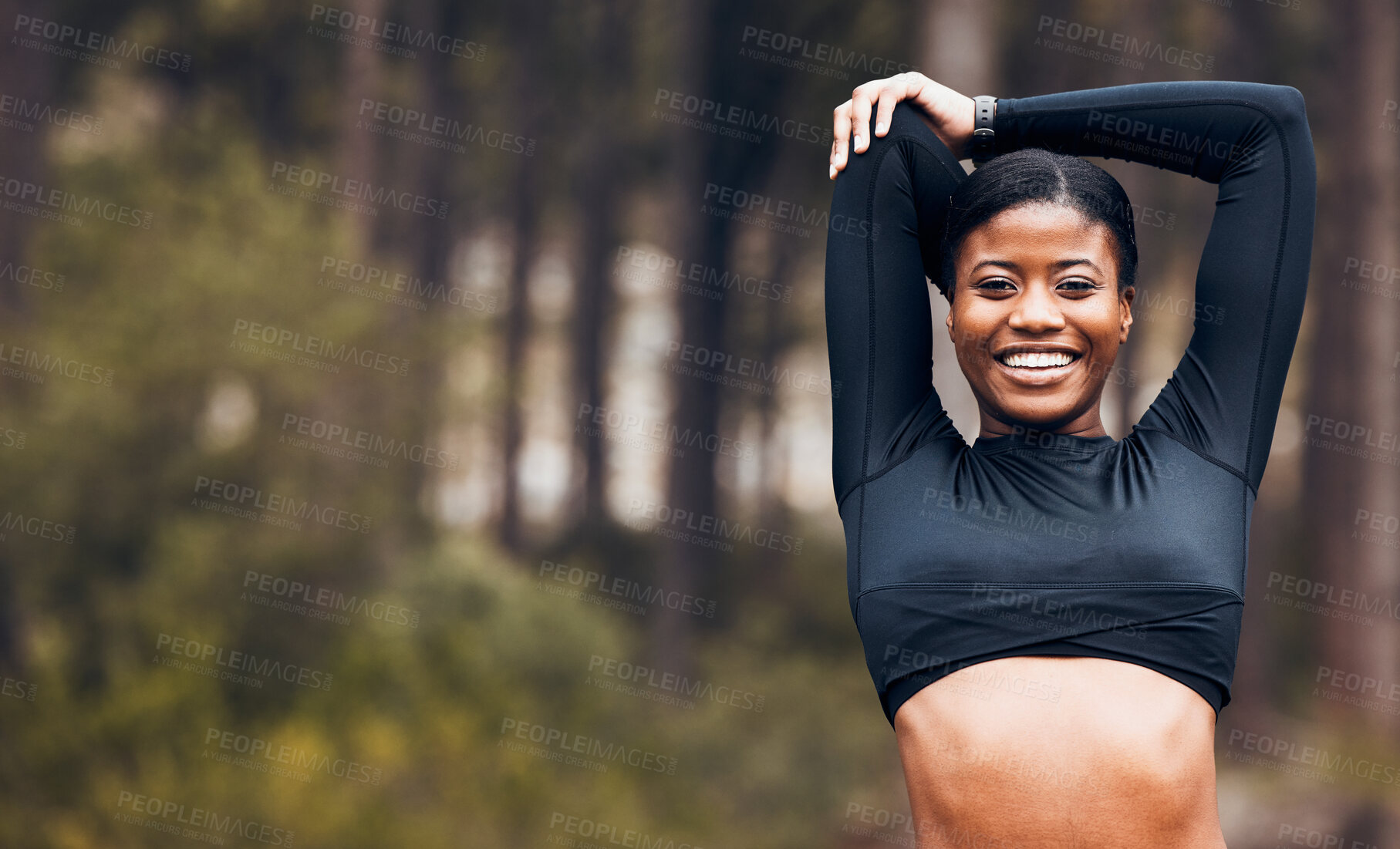 Buy stock photo Stretching, fitness and portrait of black woman in nature for exercise, training and sports in forest. Mockup, mountain and happy female person stretch arms for warm up, cardio workout and wellness