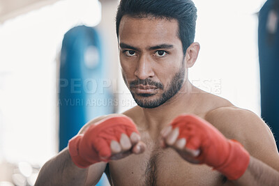 Buy stock photo Sports, boxing and portrait of man in gym for training, workout and exercise for mma fighting. Fitness, body builder and face of serious male athlete ready for boxer competition, practice and punch