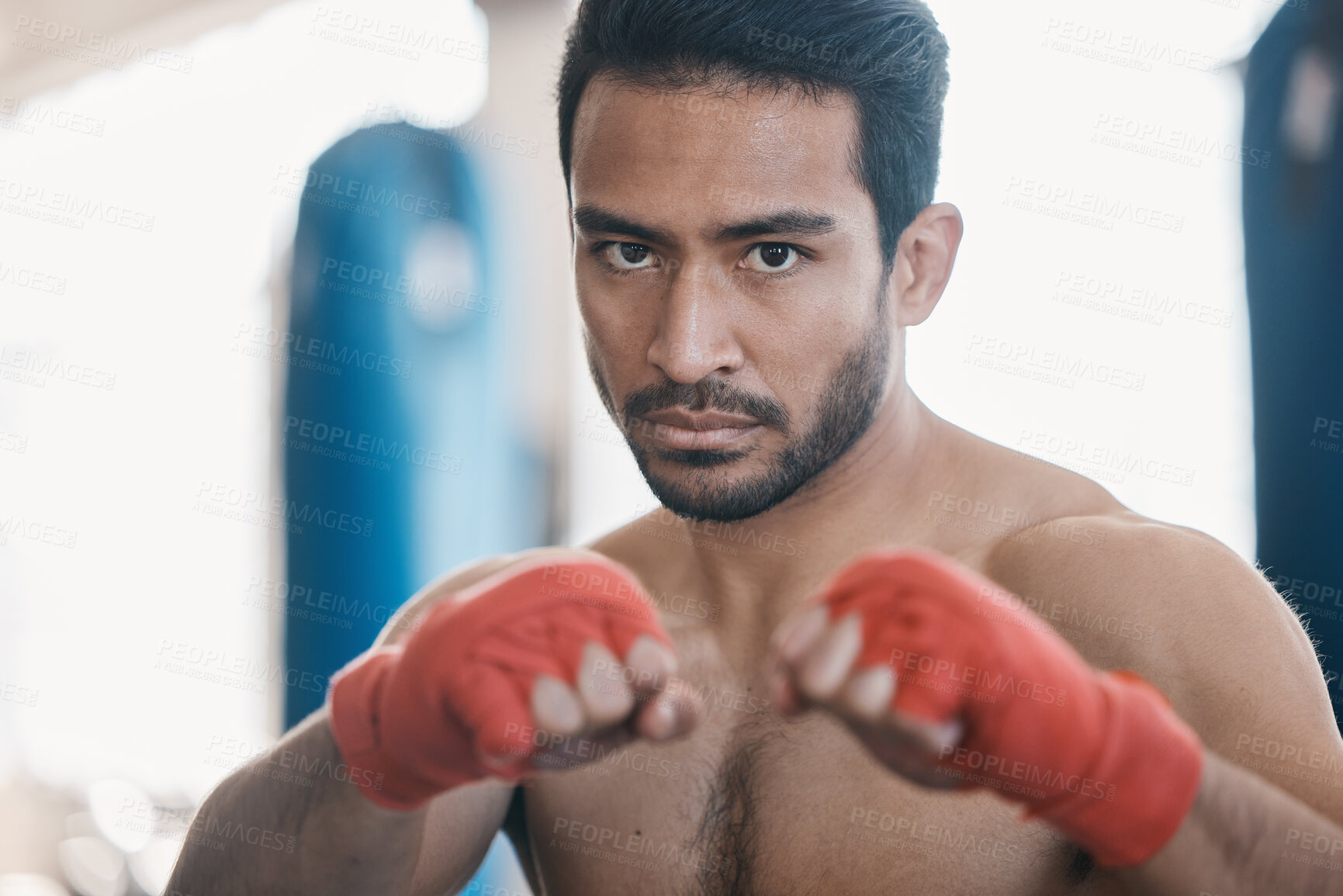 Buy stock photo Sports, boxing and portrait of man in gym for training, workout and exercise for mma fighting. Fitness, body builder and face of serious male athlete ready for boxer competition, practice and punch