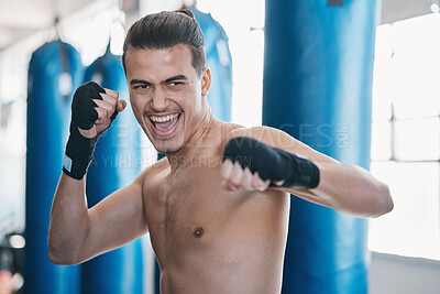 Buy stock photo Sports, boxing and man in gym for training, workout and exercise for martial arts or mma fight. Fitness, body builder and face of excited male athlete ready for boxer competition, practice and punch