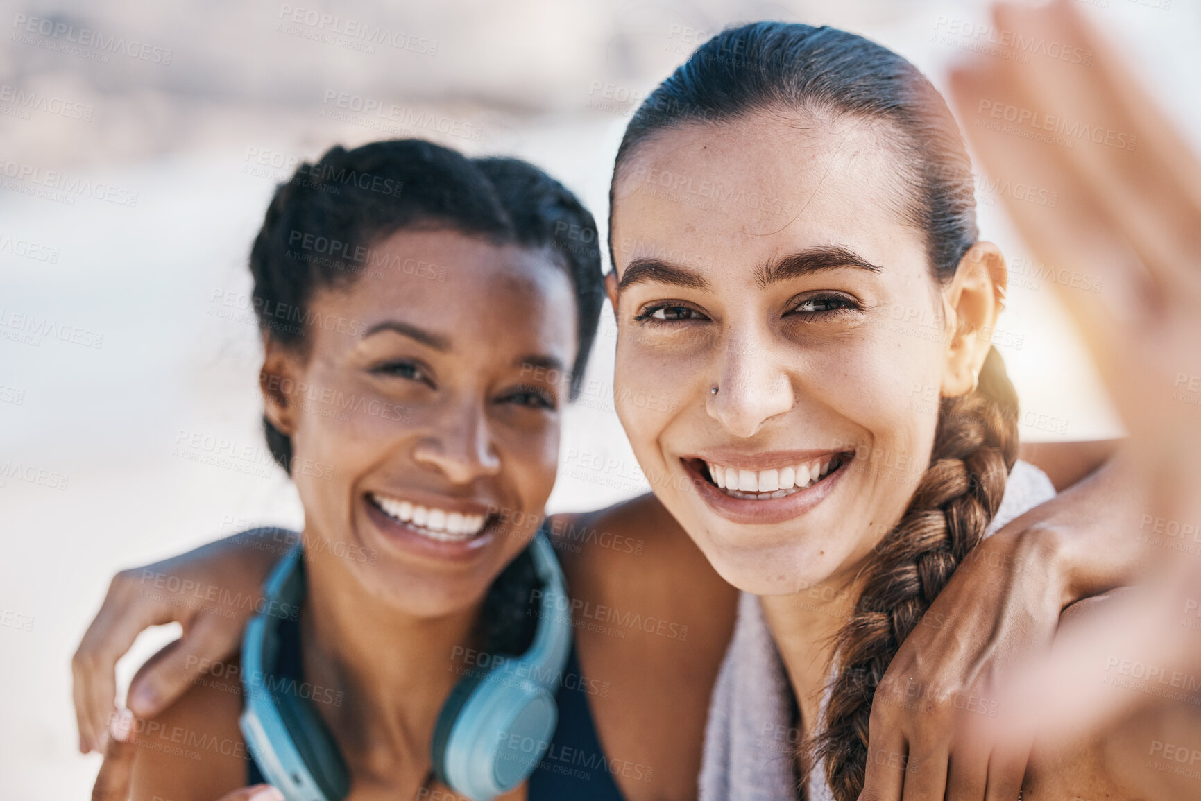 Buy stock photo Women friends, beach selfie and smile in portrait for adventure, fitness and hug with fitness in nature. Latino girl, black woman and photography for profile picture, social network and blog update