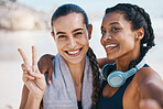 Women friends, beach selfie and peace sign in portrait for exercise, health or hug with fitness in nature. Latino girl, black woman and photography for profile picture, social network and blog update