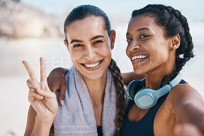 Buy stock photo Women friends, beach selfie and peace sign in portrait for exercise, health or hug with fitness in nature. Latino girl, black woman and photography for profile picture, social network and blog update