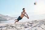 Sports, moving and man with volleyball, beach or exercise, competition or workout for wellness. Male person, athlete and player with fitness, seaside and game with speed, sand and health with cardio