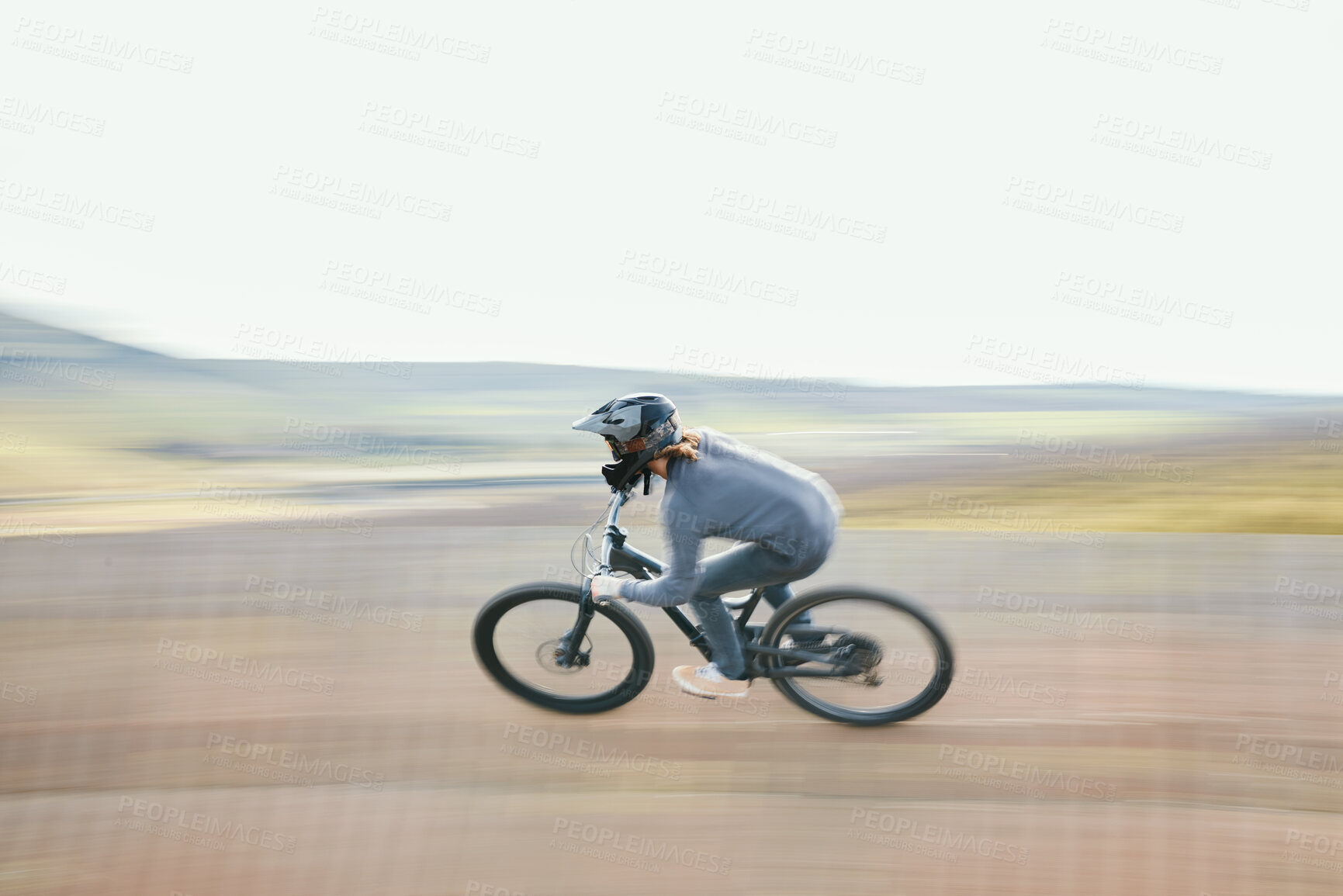 Buy stock photo Adrenaline, blur and athlete riding a motorcycle in nature training for a race, marathon or competition. Sports, motion and male biker practicing for an outdoor fitness cardio exercise or workout.