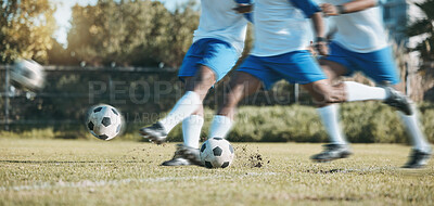 Buy stock photo Soccer ball, sports person and feet kick on a field for fitness training or game motion outdoor. Football player, club and legs of athlete men or collage for competition, exercise or sport challenge
