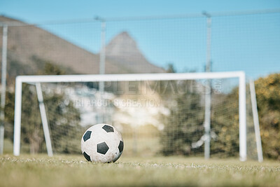 Buy stock photo Soccer ball, sports and goal post on empty field for mockup space, fitness and training outdoor. Football club, pitch and event or game for sport competition, exercise and green grass background