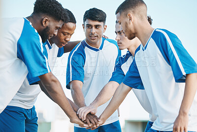 Buy stock photo Hands together, sports group and soccer team on field for fitness training or competition. Football player, club and diversity athlete men in solidarity for motivation, game scrum or teamwork outdoor