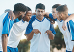 Sports group, soccer and team talking and planning on field for fitness training or competition. Football player, club and diversity athlete men together for scrum, game plan and teamwork outdoor