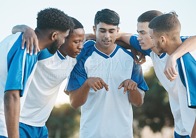 Buy stock photo Sports group, soccer and team talking and planning on field for fitness training or competition. Football player, club and diversity athlete men together for scrum, game plan and teamwork outdoor