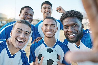Buy stock photo Sports, group selfie and soccer portrait of team on field for fitness training or game outdoor. Football player, club and diversity athlete men smile for sport competition, workout or challenge photo