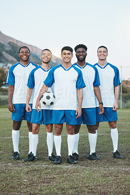 Buy stock photo Team, soccer ball and portrait of sports group on field for fitness training or game outdoor. Football player, club and diversity athlete people smile for sport competition, motivation or challenge