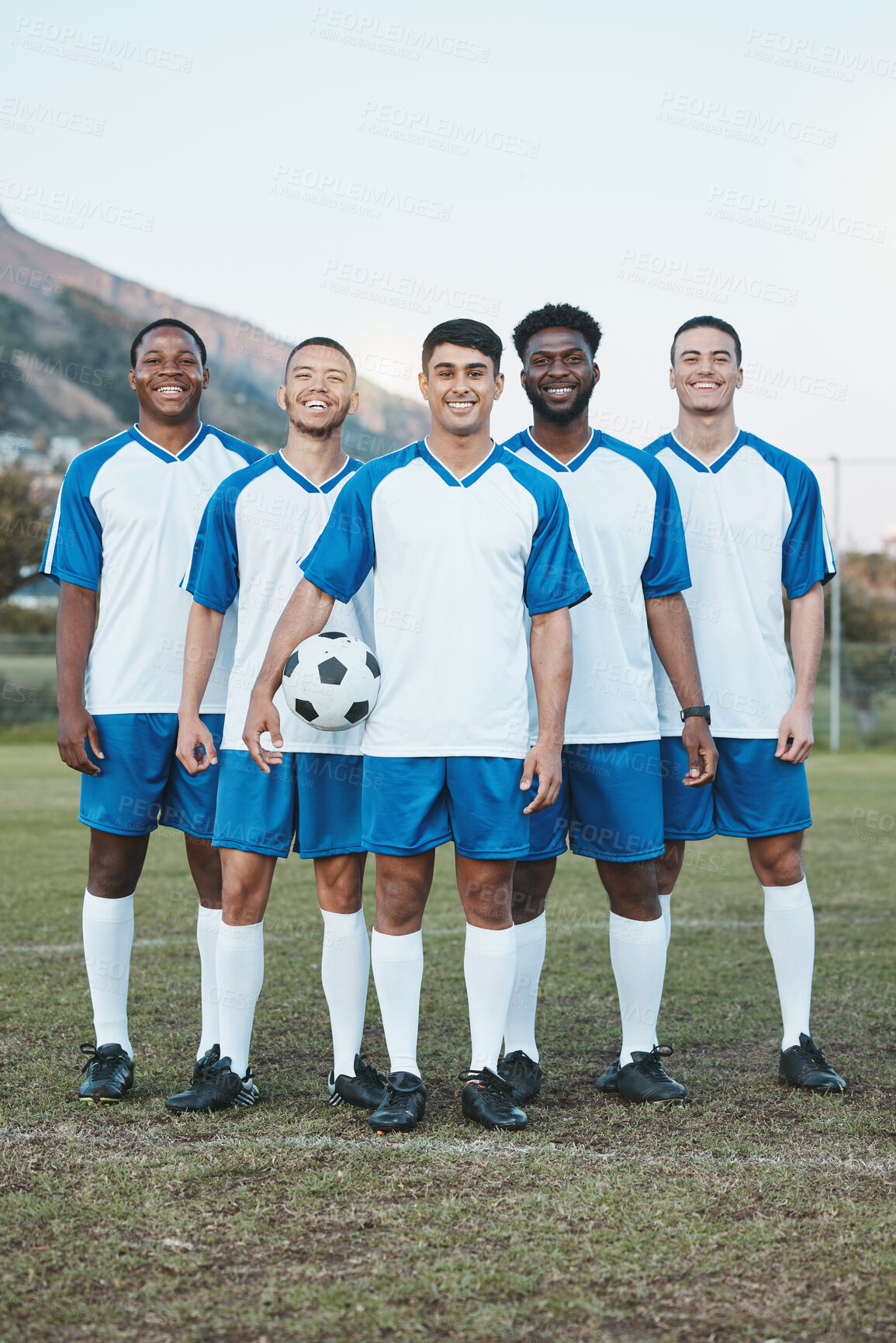 Buy stock photo Team, soccer ball and portrait of sports group on field for fitness training or game outdoor. Football player, club and diversity athlete people smile for sport competition, motivation or challenge