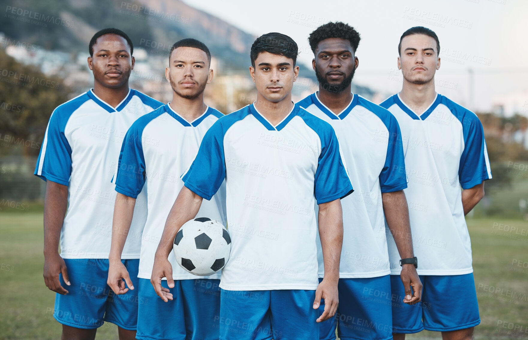 Buy stock photo Sports group, soccer ball and portrait of team on field for fitness training or game outdoor. Football player, club and diversity athlete people with focus for sport competition, workout or challenge