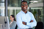 Portrait, arms crossed up and a black man at work in a call center for support or crm assistance. Customer service, confident and professional with a happy male consultant working in telemarketing