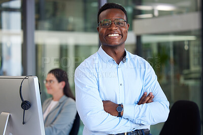 Buy stock photo Portrait, arms crossed up and a black man at work in a call center for support or crm assistance. Customer service, confident and professional with a happy male consultant working in telemarketing