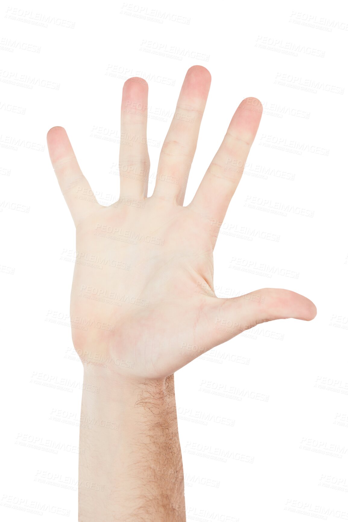 Buy stock photo Numbers, closeup and hand of person for high five, stop or signal for communication. Emoji, sign language and palm of model for warning, conversation and hello isolated by transparent png background.