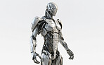 Cyborg, robot and iron soldier on mockup for futuristic war, galactic cyberspace battle or android machine against white studio background. Cyber warrior in robotic future or technology on copy space