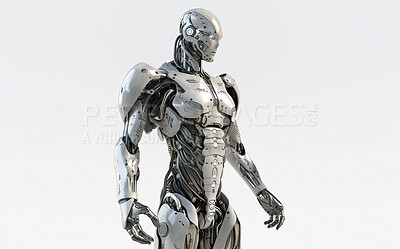 Buy stock photo Cyborg, humanoid or robot with ai generated on background for protection, security and isolated on mock up. Futuristic, cyberpunk and android for product design of military, nanotechnology and war