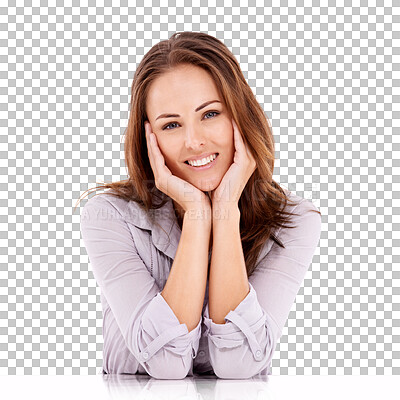 Buy stock photo Portrait, business satisfaction and relax woman smile for professional job, career growth and smile for corporate work. HR manager, happiness and female person isolated on transparent, png background