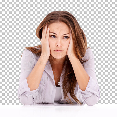 Buy stock photo Thinking, depression and face of woman with anxiety on isolated, PNG and transparent background. Mental health, stressed and sad, upset female person with worry from problem, crisis and conflict