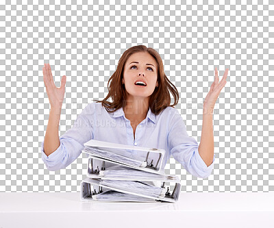 Buy stock photo Stress, folder and business woman frustrated with administration work, bookkeeping or receptionist workload. Burnout, portfolio files and female bookkeeper isolated on transparent, png background