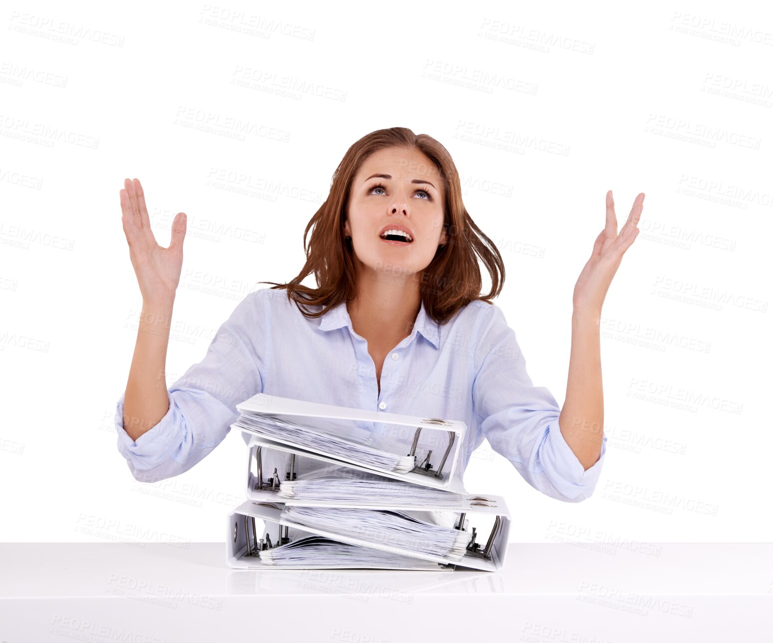 Buy stock photo Stress, folder and business woman frustrated with administration work, bookkeeping or receptionist workload. Burnout, portfolio files and female bookkeeper isolated on transparent, png background