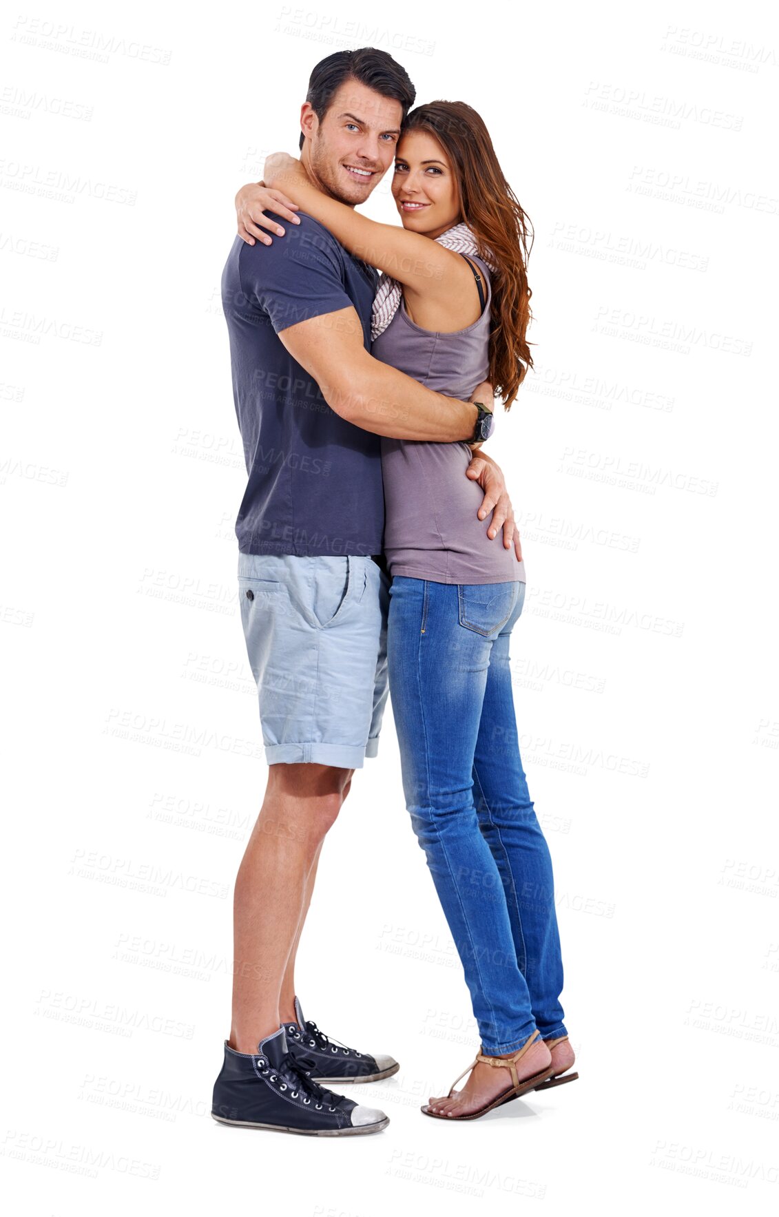 Buy stock photo Hug, love and happy with portrait of  couple on transparent background for date, romance and affectionate. Happy, relationship and trust with man and woman isolated on png for partnership and embrace