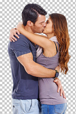 Buy stock photo Love, hug or couple kissing for romance in marriage commitment isolated on transparent png background. Lovers, man or romantic woman enjoy or celebrate quality bonding together on anniversary date