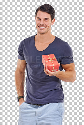 Buy stock photo Man, gift and portrait with birthday box and smile isolated on a transparent, png background. Happy, male person and giving red present for anniversary surprise for holiday or event with ribbon