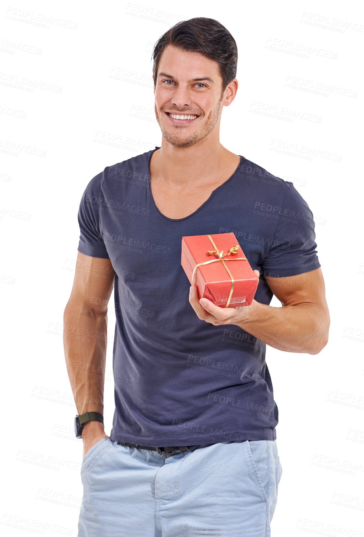 Buy stock photo Man, gift and portrait with birthday box and smile isolated on a transparent, png background. Happy, male person and giving red present for anniversary surprise for holiday or event with ribbon