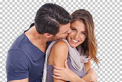 Buy stock photo Portrait, kiss or couple hugging for romance in relationship isolated on transparent png background. Smile, romantic man or happy woman enjoy or celebrate quality bonding together on anniversary date