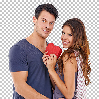 Buy stock photo Portrait, red heart or happy couple hugging for romance in relationship isolated on transparent png background. Support, romantic man or woman bonding together on anniversary date with lovers symbol