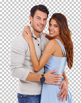 Buy stock photo Love, hug and happy with portrait of couple on transparent background for date, embrace and affectionate. Romance, relationship and care with man and woman isolated on png for bonding and smile